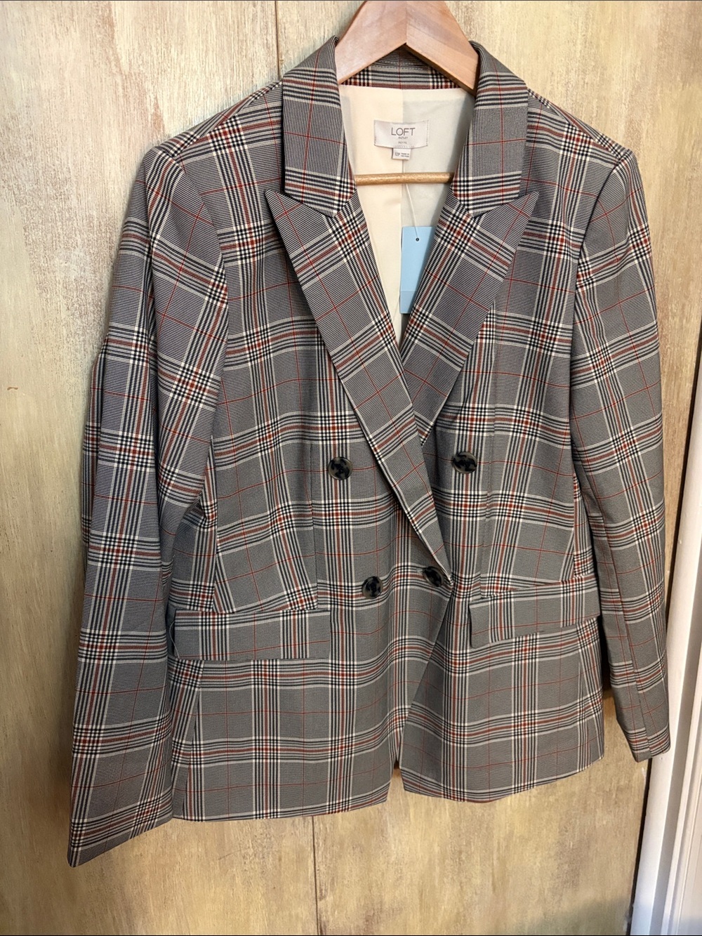 LOFT Gray black and rust Glen Plaid Double-Breasted Blazer NWT